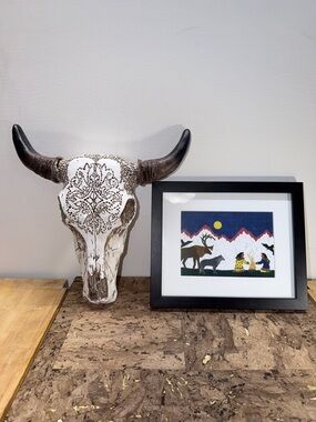 Carved Decorative Bull Skull Wall Accent - White and Dark Brown